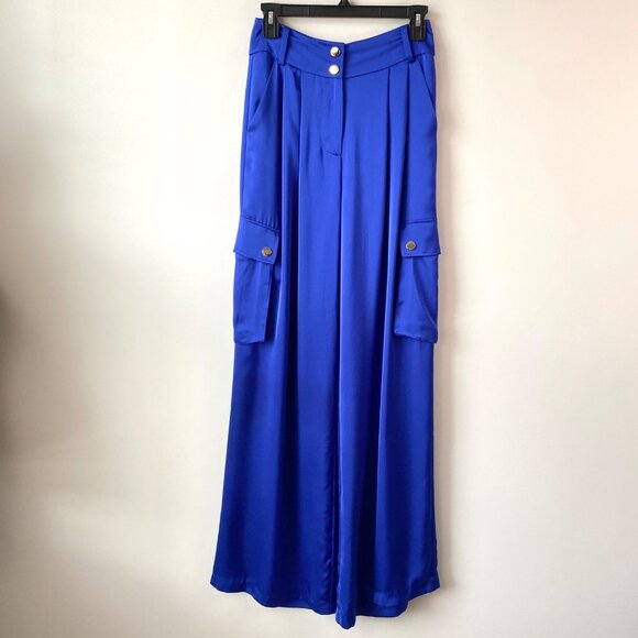 Ramy Brook Rumer Satin Cargo Pants‎ Womens Size 2 Cabana Blue High Waist Pleated - Picture 3 of 9